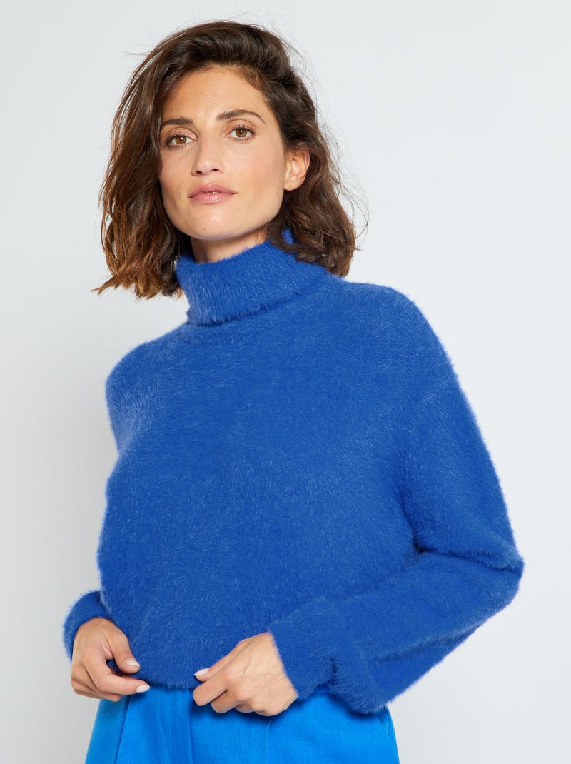 Jersey de punto de pelo con cuello vuelto azul océano - Kiabi