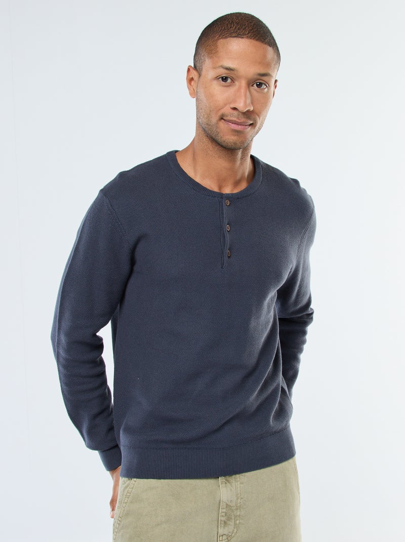 Jersey de punto fantasía con cuello redondo abotonado Azul - Kiabi