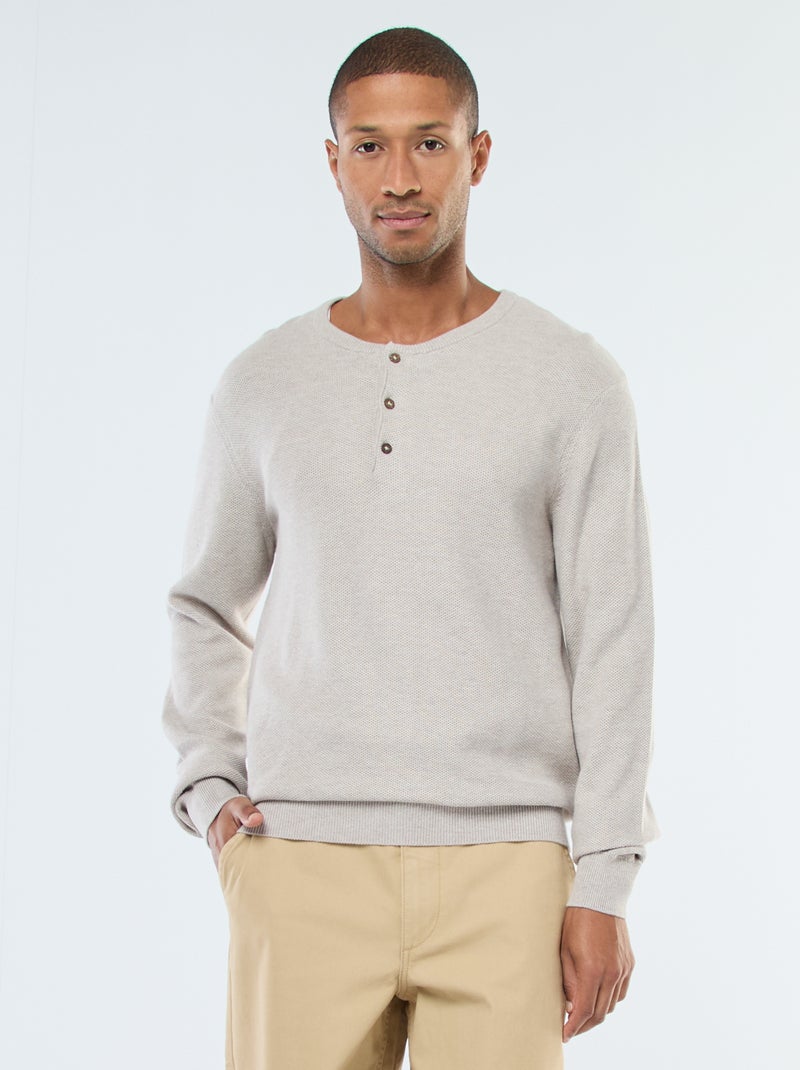 Jersey de punto fantasía con cuello redondo abotonado Beige - Kiabi