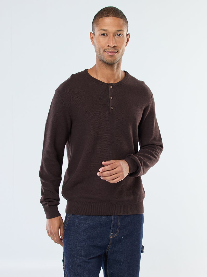 Jersey de punto fantasía con cuello redondo abotonado Marron - Kiabi