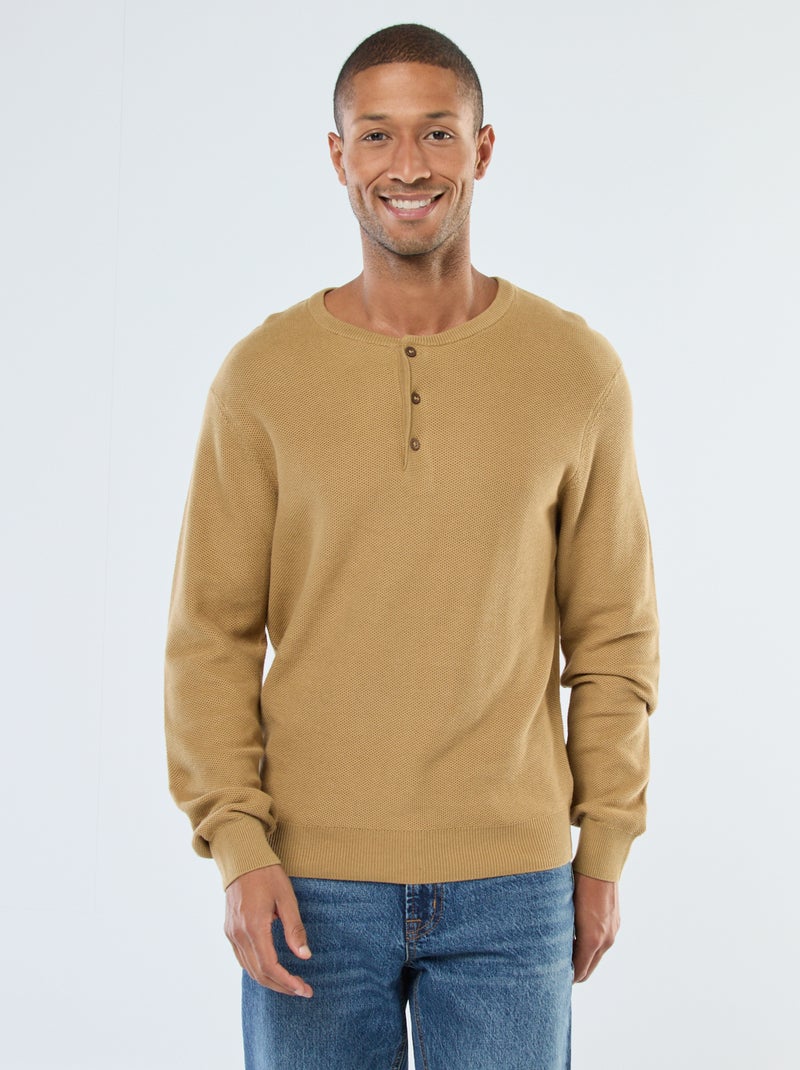Jersey de punto fantasía con cuello redondo abotonado Verde - Kiabi