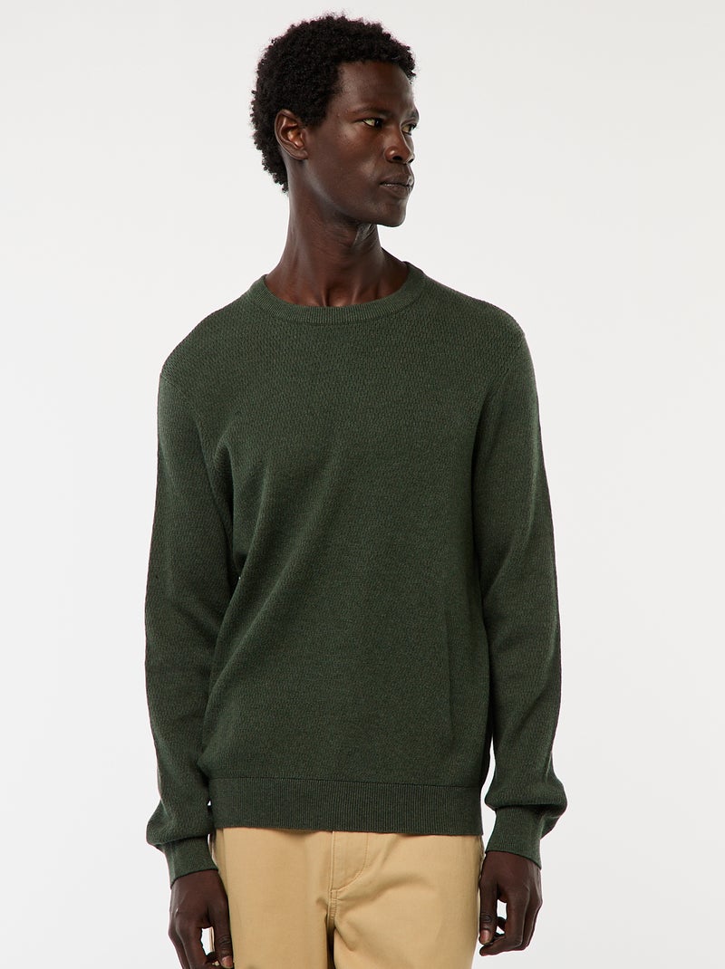 Jersey de punto fantasía con cuello redondo Kaki - Kiabi