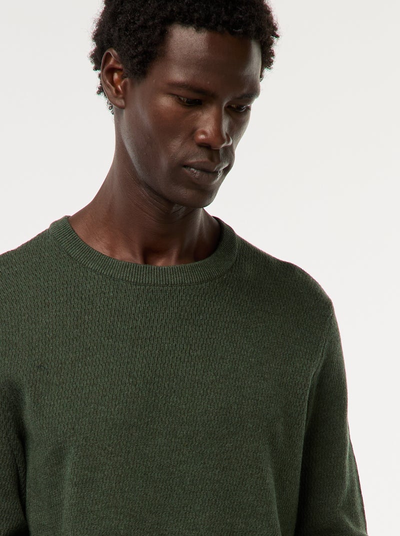 Jersey de punto fantasía con cuello redondo Kaki - Kiabi