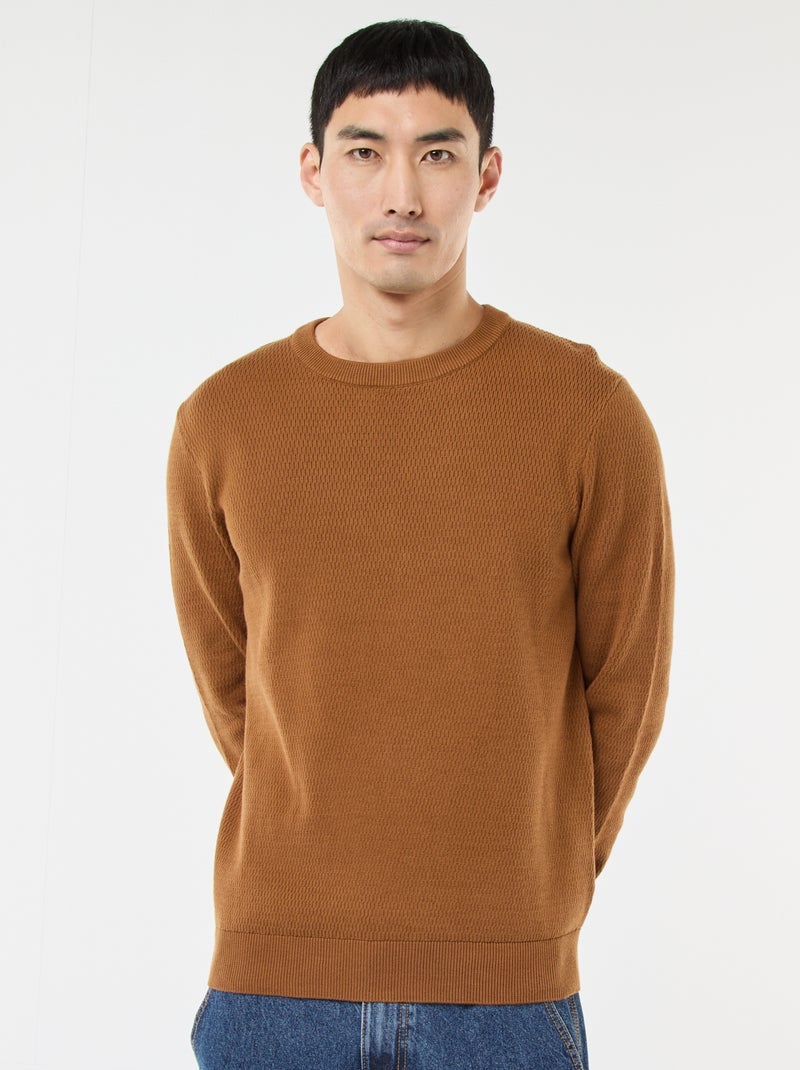 Jersey de punto fantasía con cuello redondo Marron - Kiabi