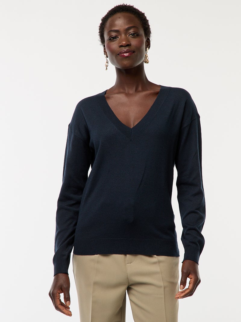 Jersey de punto fino con cuello de pico azul - Kiabi