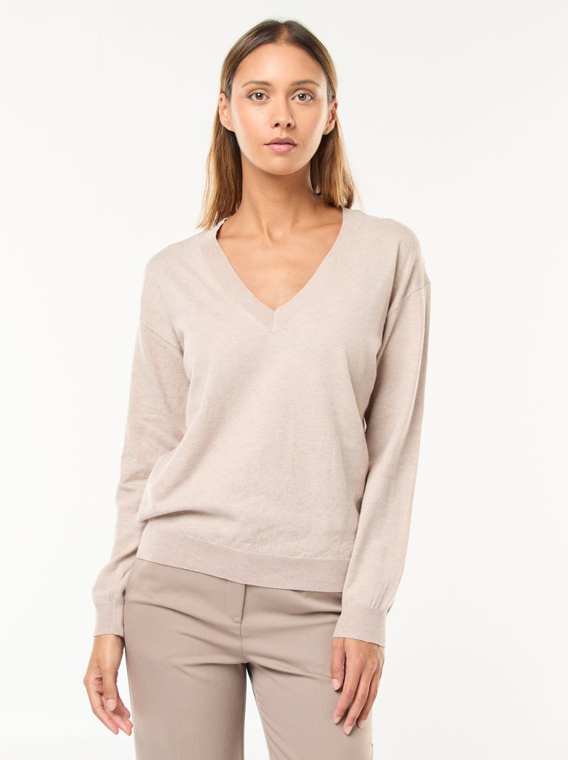 Jersey de punto fino con cuello de pico Beige - Kiabi