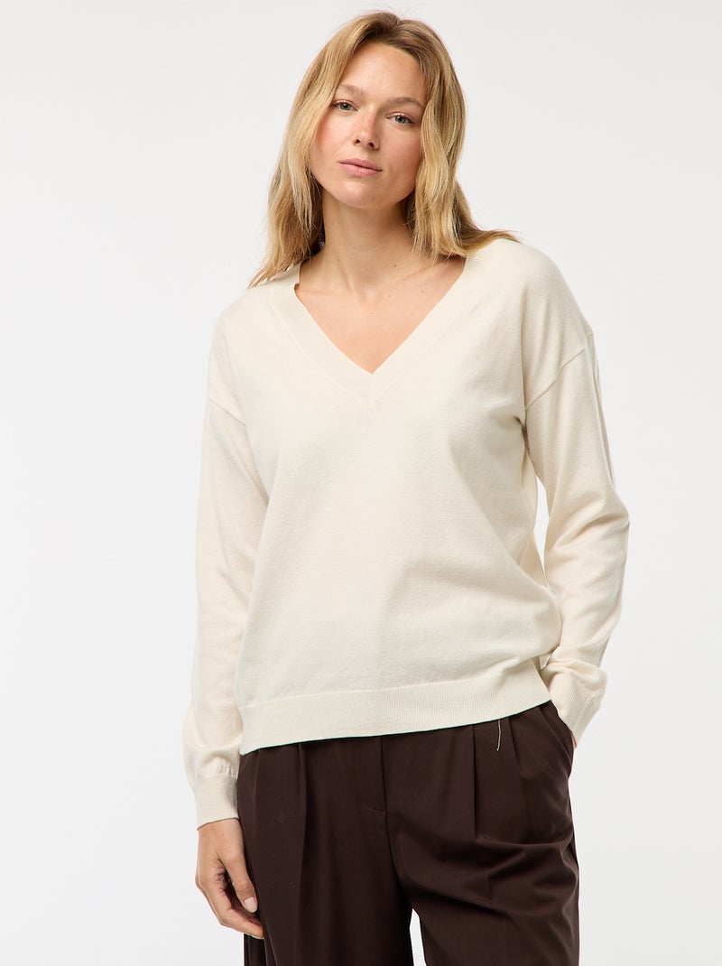 Jersey de punto fino con cuello de pico Blanco - Kiabi