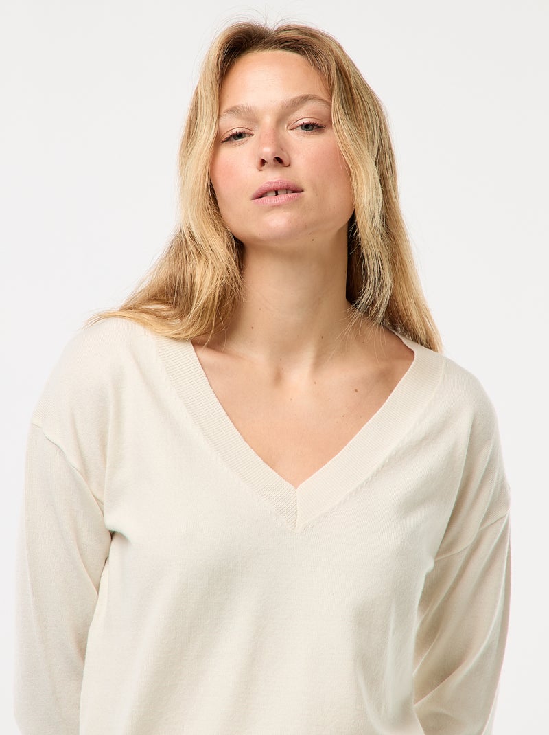 Jersey de punto fino con cuello de pico Blanco - Kiabi