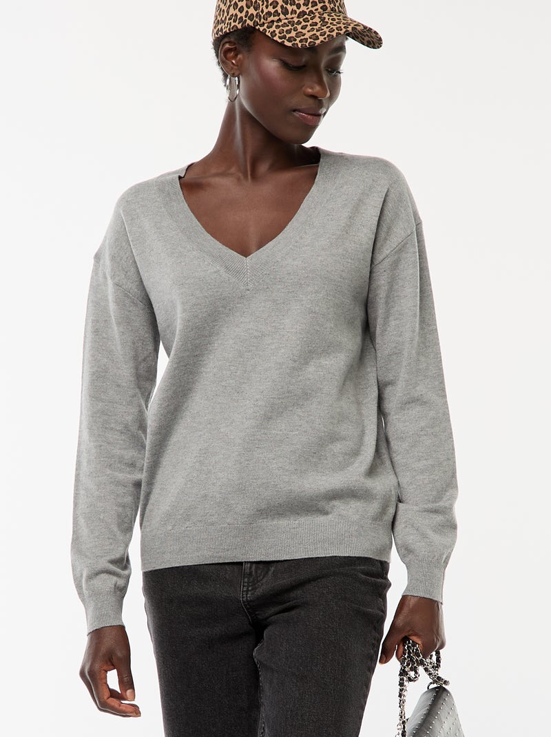 Cuello Pico Jersey Para Camisa Mujer Jersey De Punto Fino Con Cuello De  Pico Gris Mujer, image size:800x1070