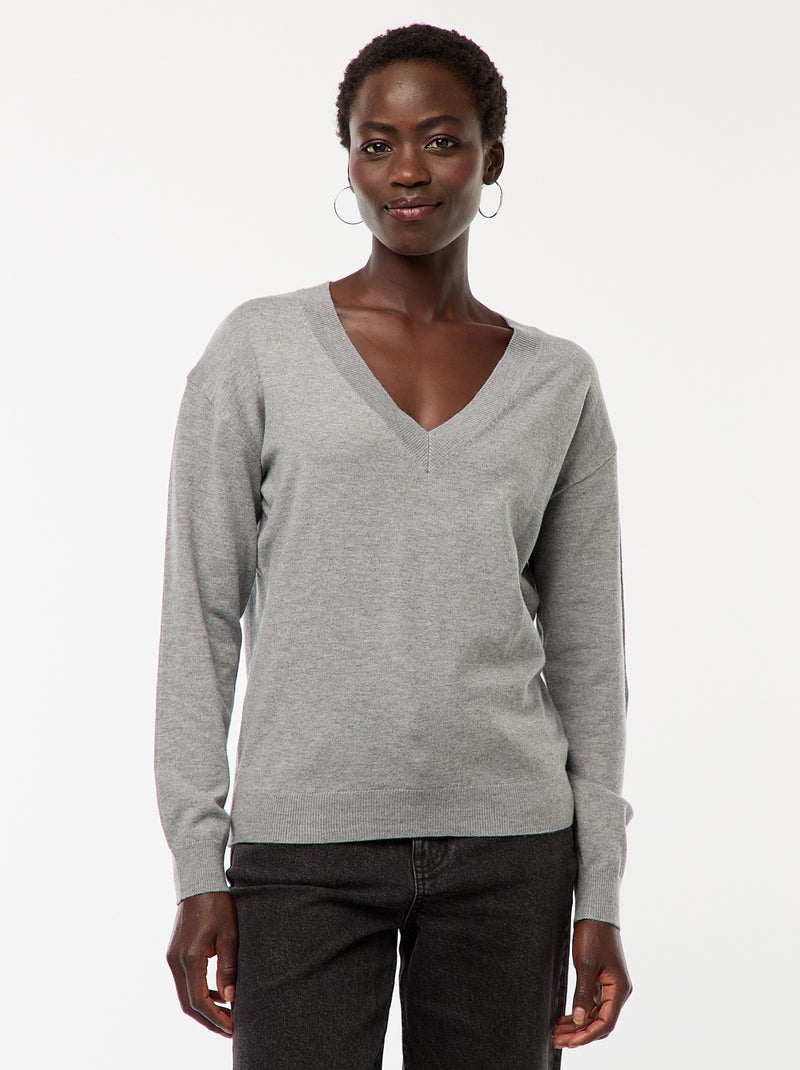 Jersey de punto fino con cuello de pico Gris - Kiabi