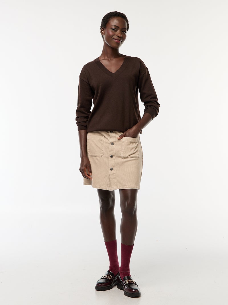 Jersey de punto fino con cuello de pico Marron - Kiabi