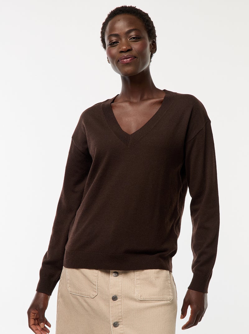 Jersey de punto fino con cuello de pico Marron - Kiabi