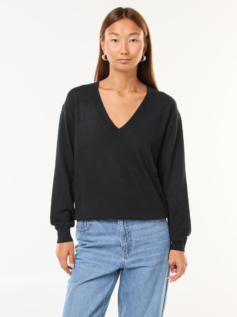 Jersey de punto fino con cuello de pico Negro - Kiabi