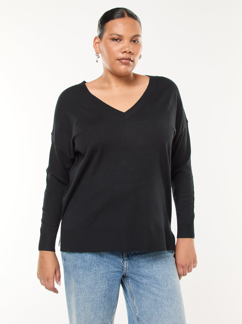 Jersey de punto fino con cuello de pico Negro - Kiabi