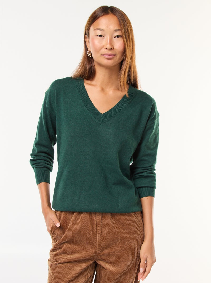 Jersey de punto fino con cuello de pico Verde - Kiabi