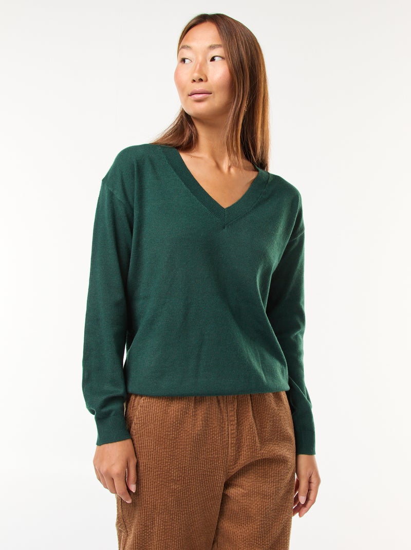 Jersey de punto fino con cuello de pico Verde - Kiabi