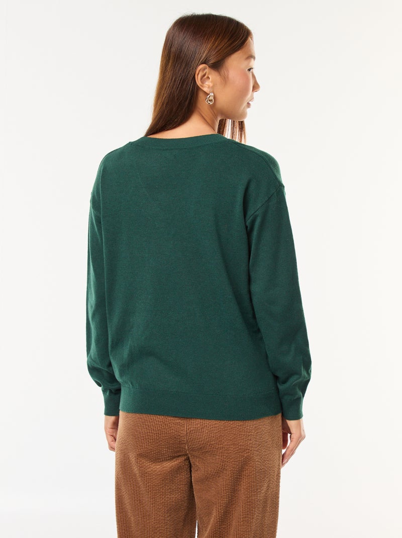 Jersey de punto fino con cuello de pico Verde - Kiabi