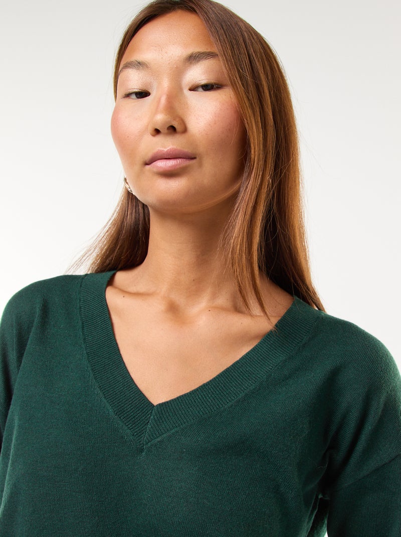 Jersey de punto fino con cuello de pico Verde - Kiabi