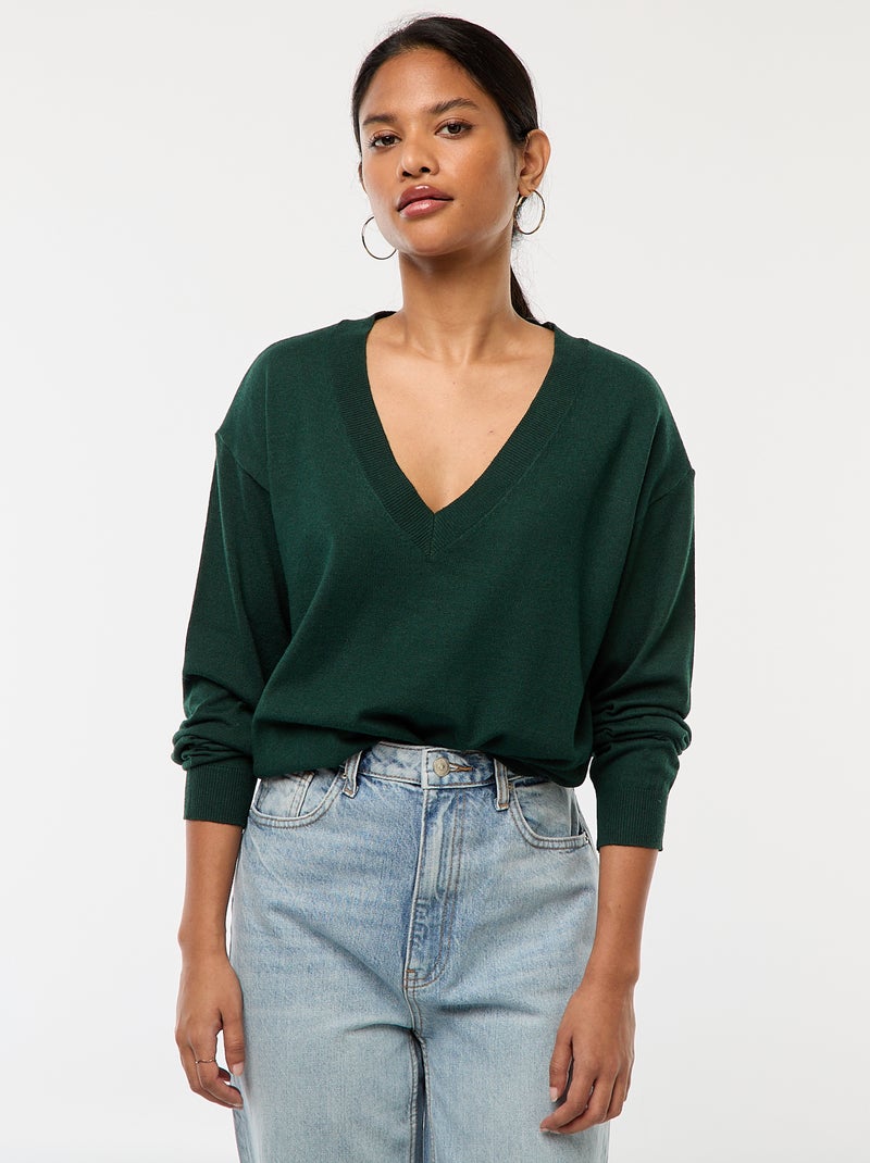 Jersey de punto fino con cuello de pico Verde - Kiabi