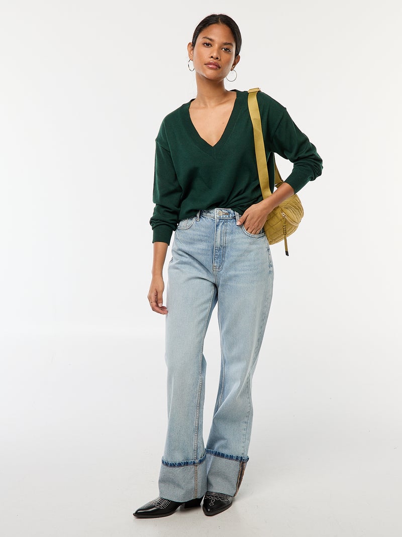 Jersey de punto fino con cuello de pico Verde - Kiabi