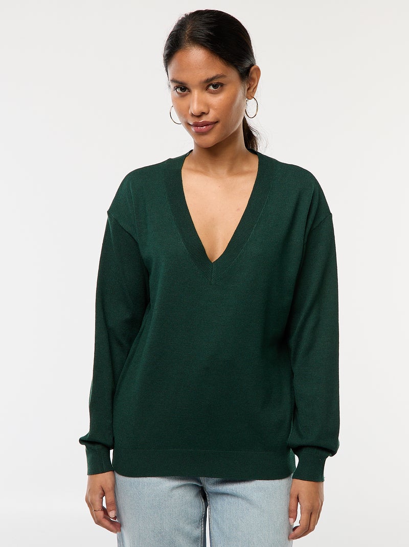 Jersey de punto fino con cuello de pico Verde - Kiabi