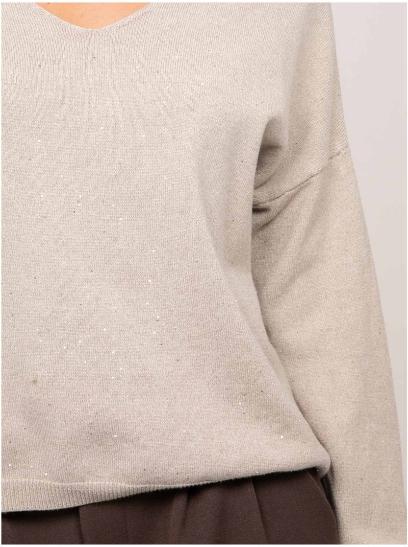 Jersey de punto fino con cuello de pico y lentejuelas koraka Beige - Kiabi
