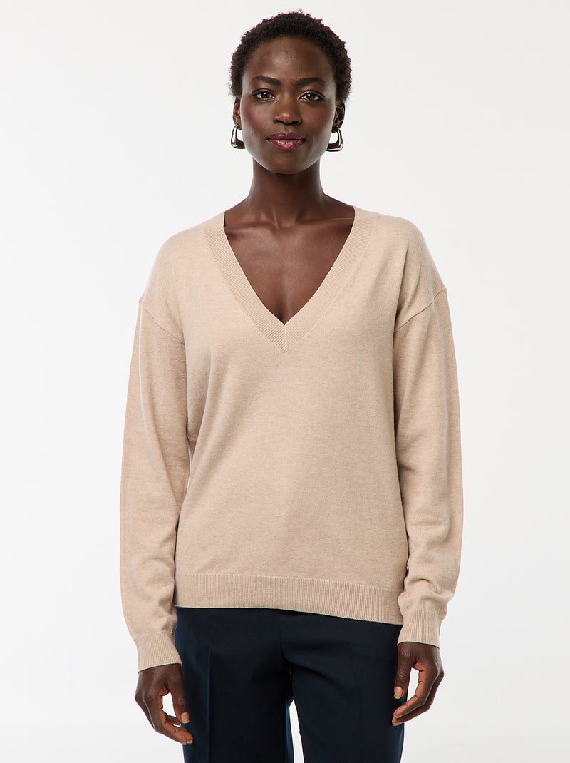 Jersey de punto fino con cuello en pico Beige - Kiabi