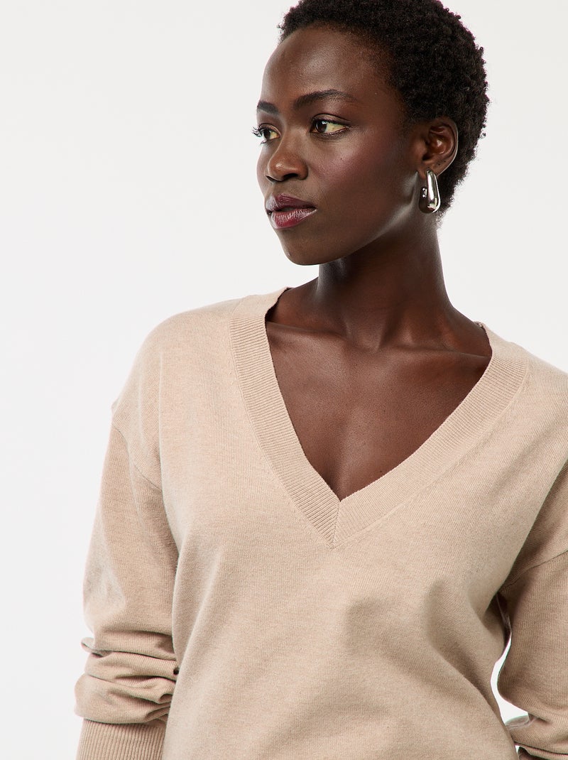 Jersey de punto fino con cuello en pico Beige - Kiabi