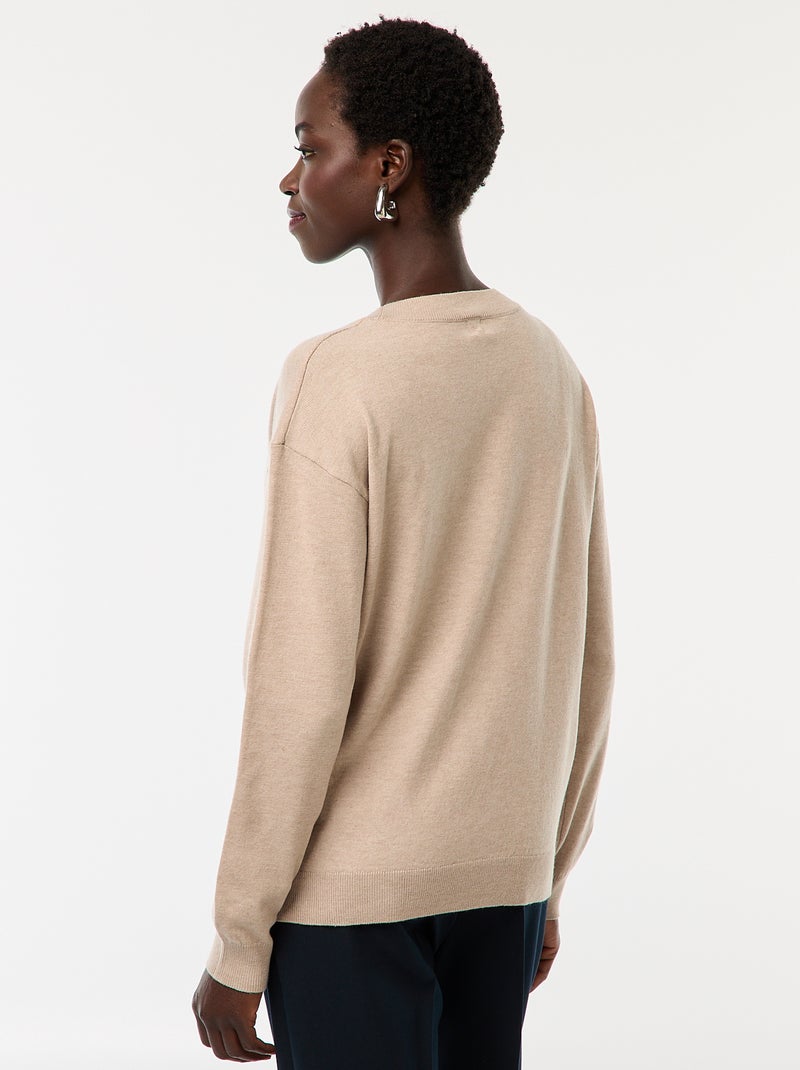 Jersey de punto fino con cuello en pico Beige - Kiabi