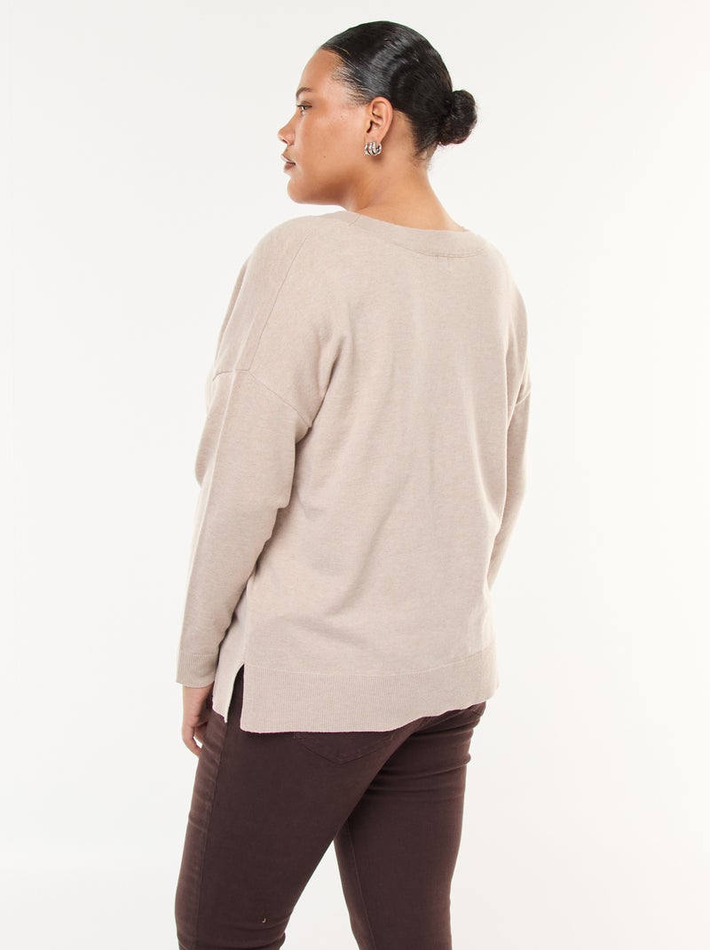 Jersey de punto fino con cuello en pico Beige - Kiabi