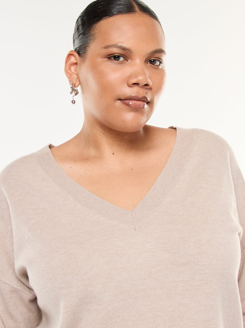 Jersey de punto fino con cuello en pico Beige - Kiabi