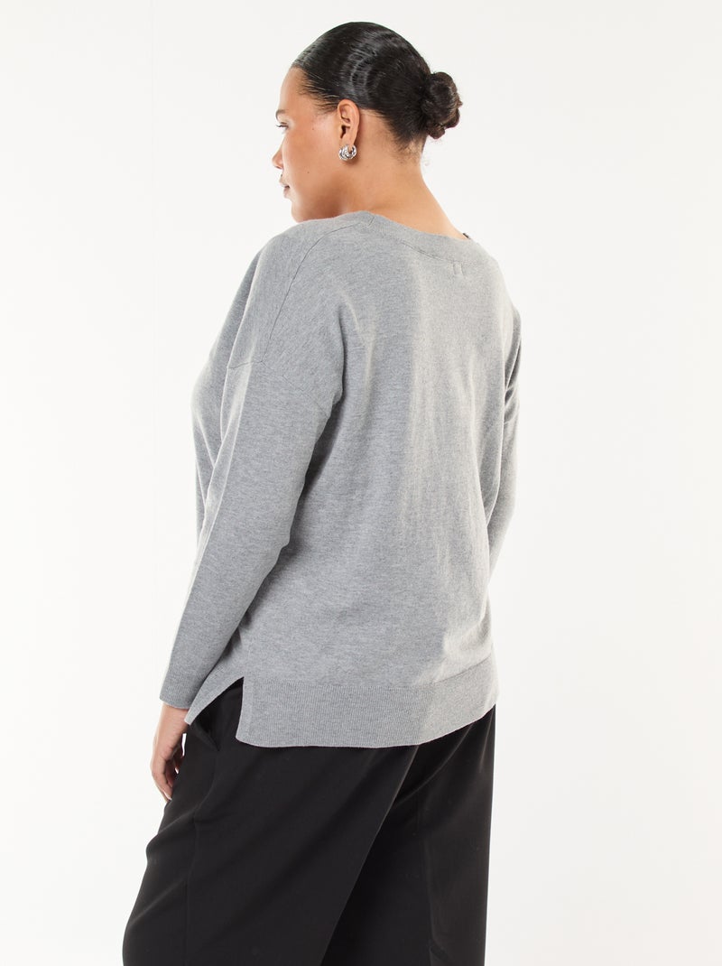 Jersey de punto fino con cuello en pico Gris - Kiabi