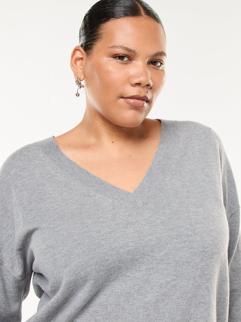 Jersey de punto fino con cuello en pico Gris - Kiabi