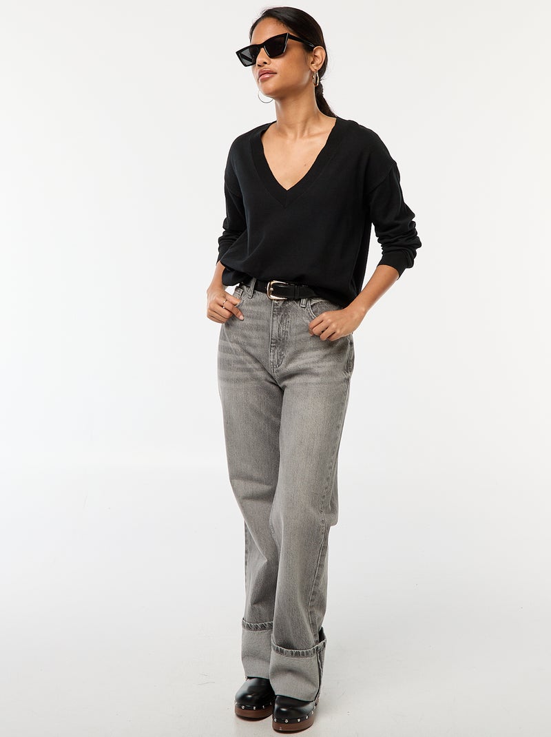 Jersey de punto fino con cuello en pico negro - Kiabi