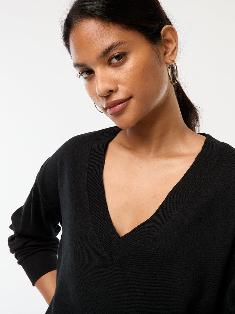 Jersey de punto fino con cuello en pico negro - Kiabi