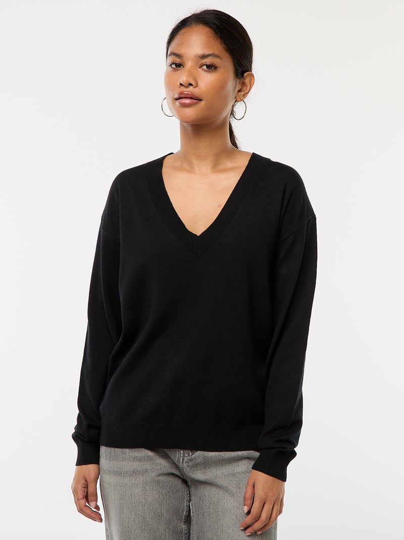 Jersey de punto fino con cuello en pico negro - Kiabi