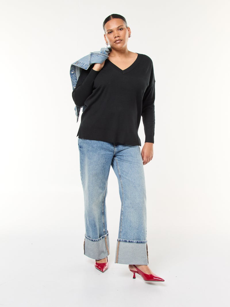 Jersey de punto fino con cuello en pico Negro - Kiabi