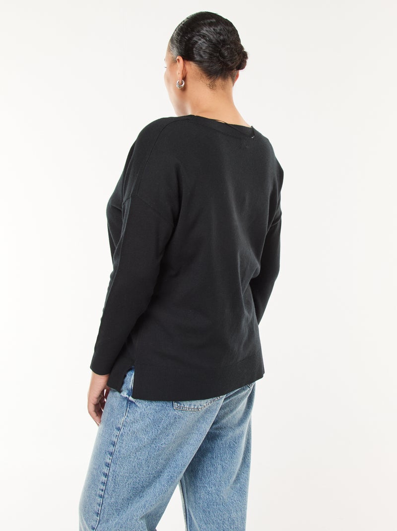 Jersey de punto fino con cuello en pico Negro - Kiabi