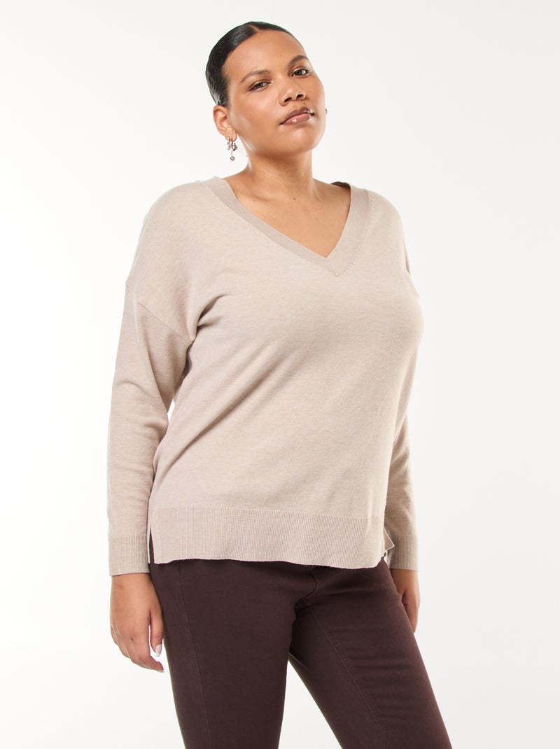 Jersey de punto fino con cuello en V Beige - Kiabi