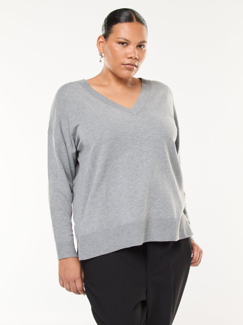 Jersey de punto fino con cuello en V Gris - Kiabi