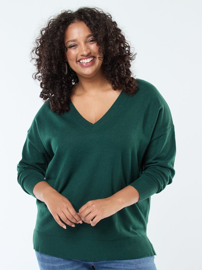 Jersey de punto fino con cuello en V Verde - Kiabi