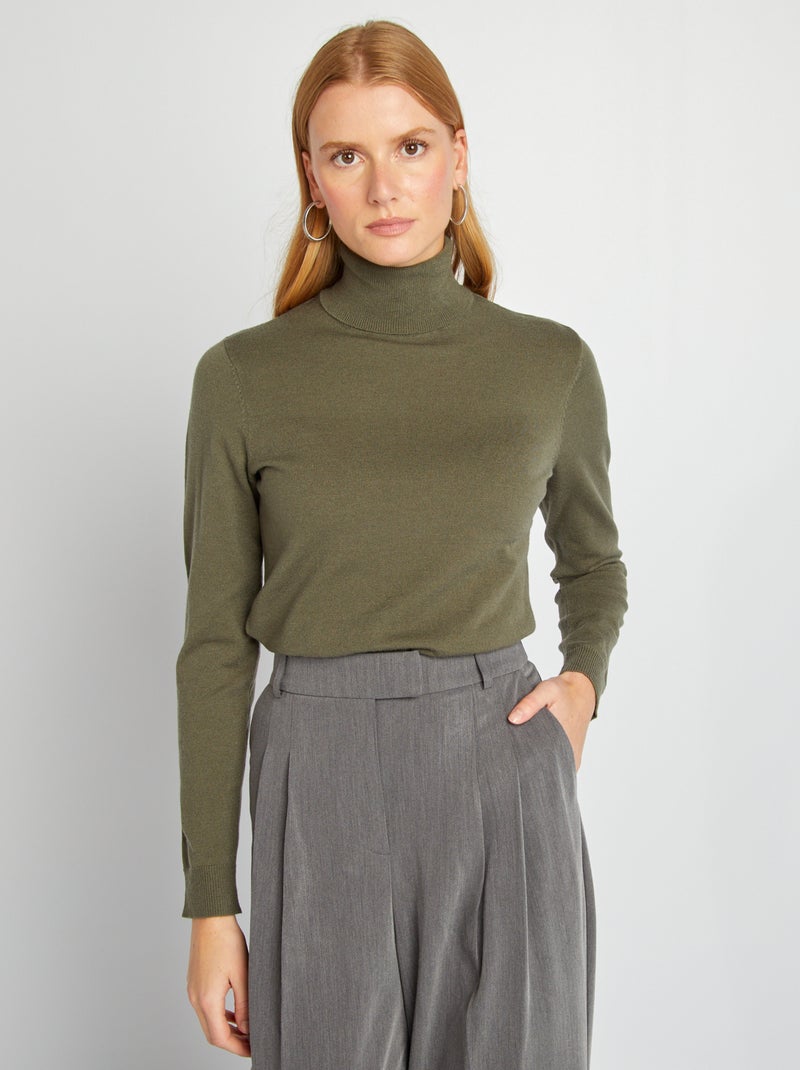 Jersey de punto fino con cuello vuelto KAKI - Kiabi