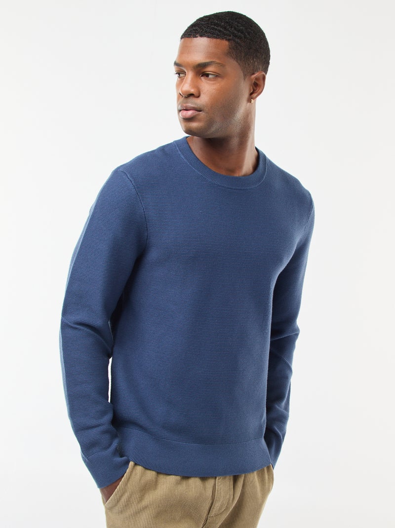 Jersey de punto fino liso con cuello redondo Azul - Kiabi
