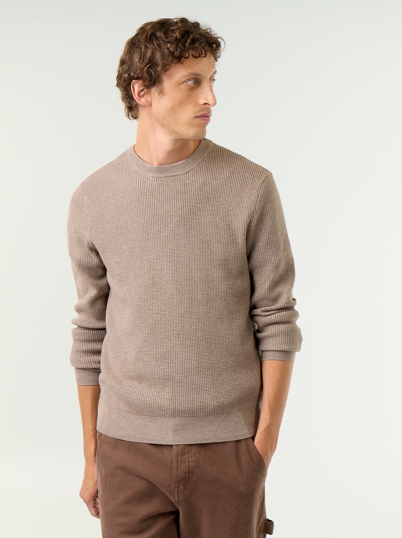 Jersey de punto gofrado con cuello redondo Beige - Kiabi