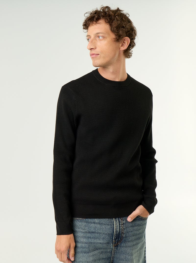 Jersey de punto gofrado con cuello redondo Negro - Kiabi