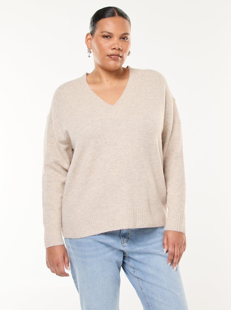 Jersey de punto grueso con cuello en V Beige - Kiabi