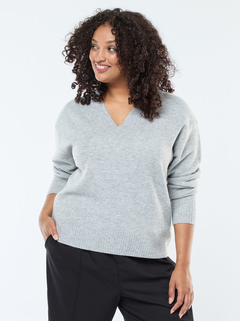 Jersey de punto grueso con cuello en V Gris - Kiabi