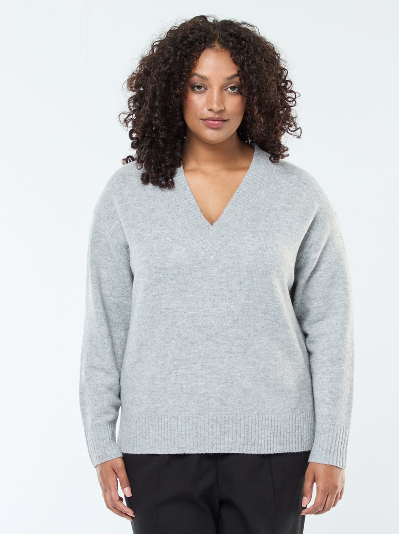 Jersey de punto grueso con cuello en V Gris - Kiabi