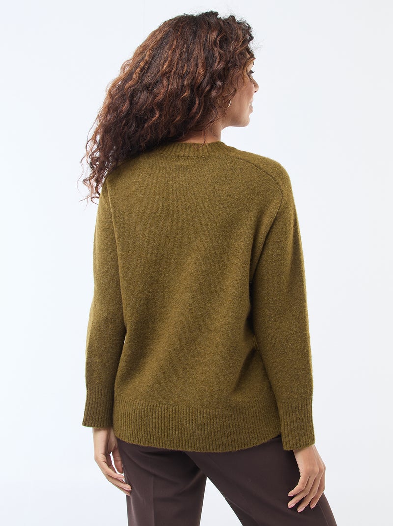 Jersey de punto grueso con cuello redondo Kaki - Kiabi