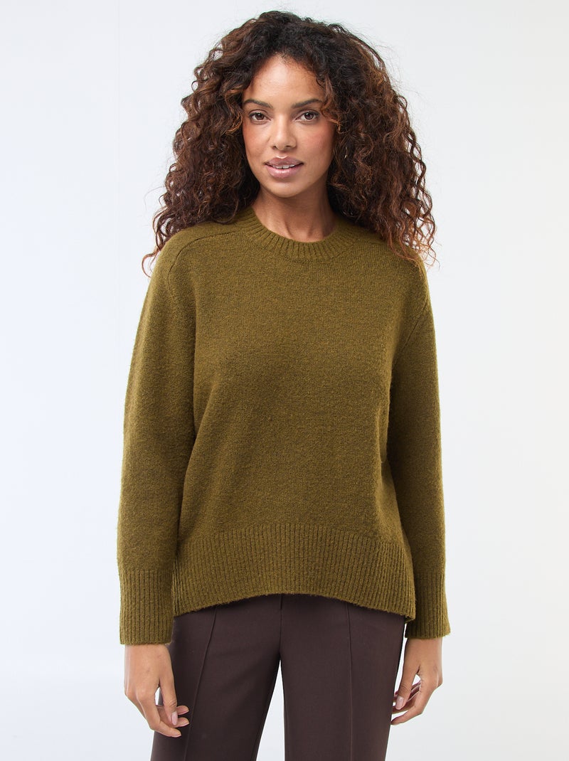 Jersey de punto grueso con cuello redondo Kaki - Kiabi